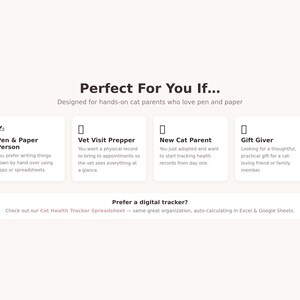 May include: A cream-colored graphic with the text "Perfect For You If..." and four white boxes. Each box has a title and description: Pen & Paper Person, Vet Visit Prepper, New Cat Parent, and Gift Giver. Below is a call to action for a digital tracker.