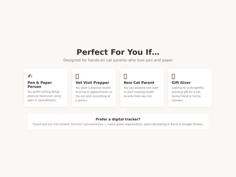 May include: A cream-colored graphic with the text "Perfect For You If..." and four white boxes. Each box has a title and description: Pen & Paper Person, Vet Visit Prepper, New Cat Parent, and Gift Giver. Below is a call to action for a digital tracker.
