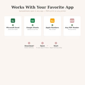 May include: A graphic with the text "Works With Your Favorite App" and icons for Microsoft Excel, Google Sheets, Apple Numbers, and Any PDF Reader. The image also includes the steps: Download, Open, and Start.