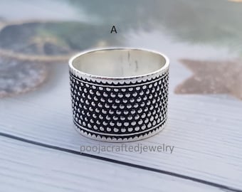 Sterling Silver Art Nouveau Wide Ring: Knurled Engraved Flower Band