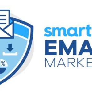 May include: A blue and white graphic with the words "smart EMAIL MARKETING". The graphic includes a shield with an envelope, an at symbol, a download icon, and a pie chart.