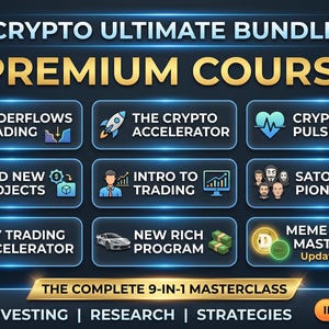 Könnte beinhalten: Eine digitale Grafik mit dem Titel Crypto Ultimate Bundle 9 Premium Courses, die neun rechteckige Schaltflächen mit Symbolen und Text enthält, darunter Orderflows Trading, The Crypto Accelerator, Crypto Pulse, Find New Projects, Intro to Trading, Satoshi Pioneers, Day Trading Accelerator, New Rich Program und Meme Coin Mastery Update 2.
