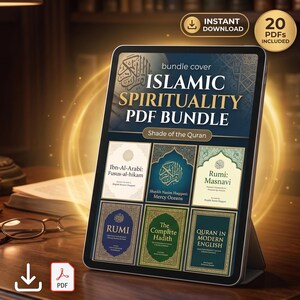 May include: A digital tablet displaying an Islamic Spirituality PDF bundle cover with the text "Islamic Spirituality PDF Bundle" and "Shade of the Quran," featuring six smaller book cover thumbnails, a gold circular "20 PDFs included" badge, and a download icon.