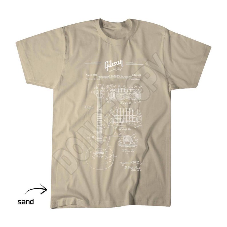 Gibson Les Paul Schematic Tee, Guitar Dad Apparel, Fathers Day Top Sand
