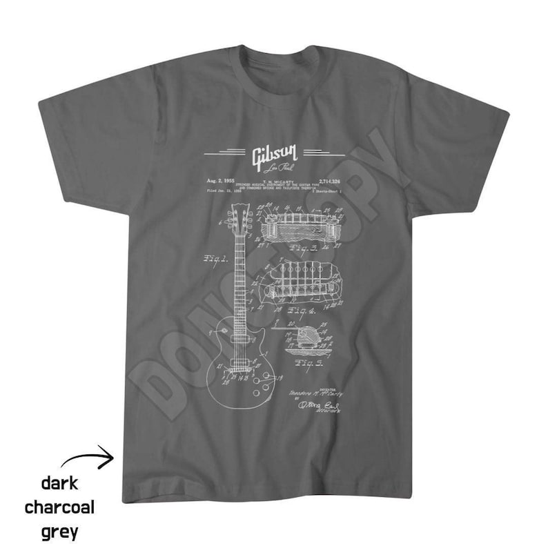 Gibson Les Paul Schematic Tee, Guitar Dad Apparel, Fathers Day Top Dark Charcoal Grey