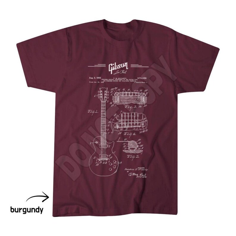Gibson Les Paul Schematic Tee, Guitar Dad Apparel, Fathers Day Top Burgundy