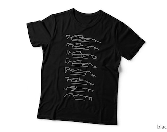 F1 Decades Car Evolution White Lines T-Shirt, Racing Silhouettes, Formula One