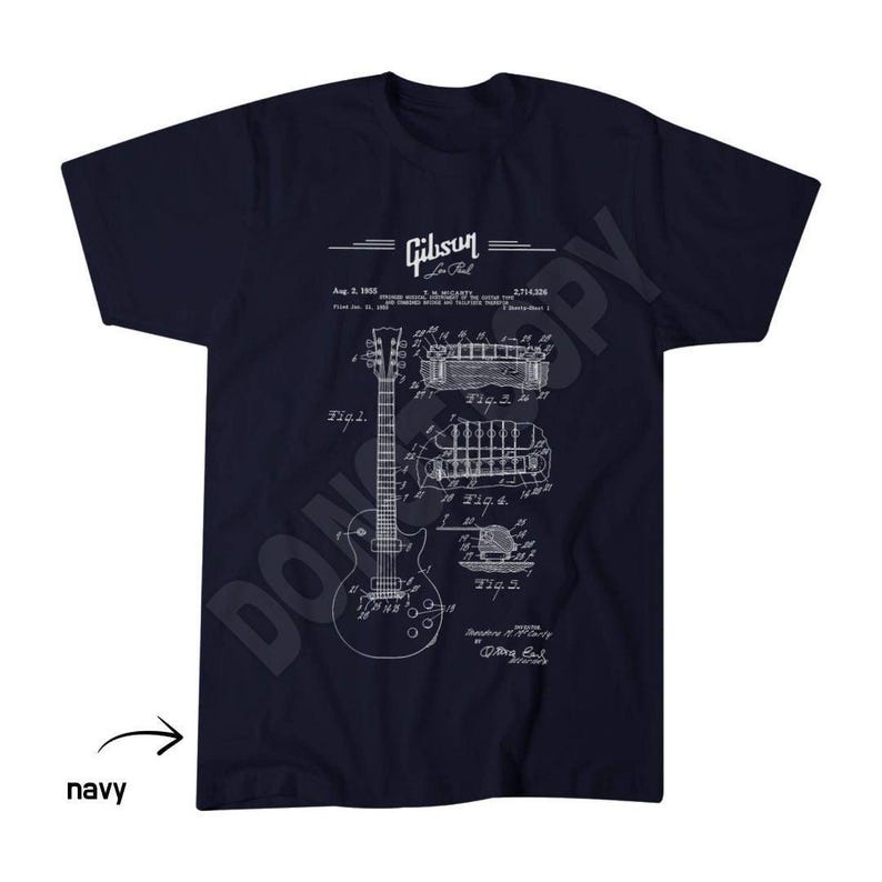 Gibson Les Paul Schematic Tee, Guitar Dad Apparel, Fathers Day Top Navy