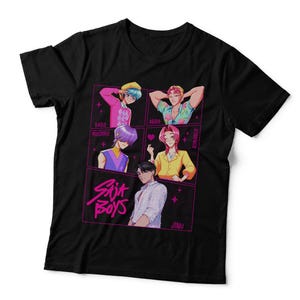 May include: A black short-sleeved t-shirt featuring a graphic print of five illustrated characters in a grid layout. The design includes the text "Soju Boys" in a stylised pink font, along with the names "Babu," "Abby," "Misery," "Romarco," and "Jinu."