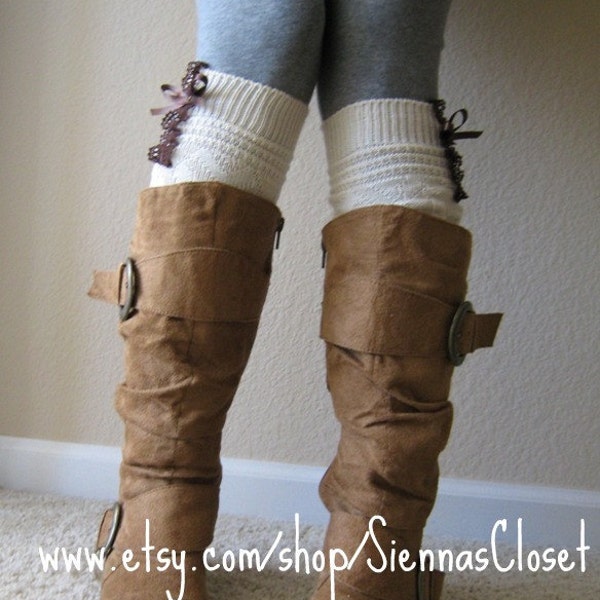 The Lacey Daisy - Cream Cable-Knit Boot Socks w/ Brown Knit Lace Ruffle and Bow Detail (item no. 4-7)
