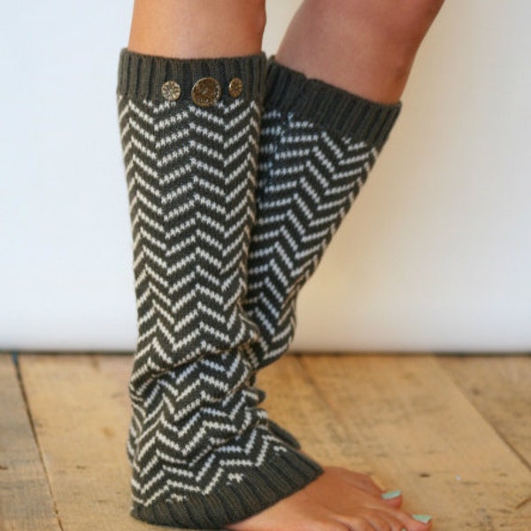 Chevron Crest : very DARK Grey Chevron Leg Warmers w/ Assorted Metal Military Buttons (item no. 1-9)