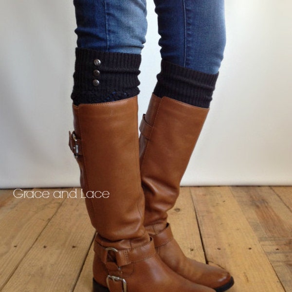 LouLou - grafito: Open-trabajo perneras con botones de metal oro antiguos - arranque Legwarmers calcetines calentadores de bot&oacute;n (art&iacute;culo N&ordm; 9-23)