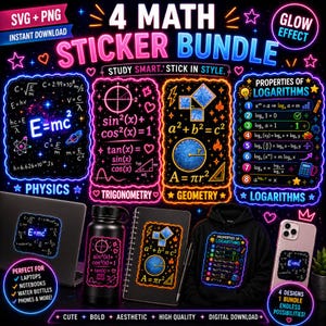 May include: A digital download bundle of four math-themed stickers. The stickers feature physics, trigonometry, geometry, and logarithms formulas. The stickers are designed to be applied to laptops, notebooks, water bottles, and phones. The design includes a glow effect.