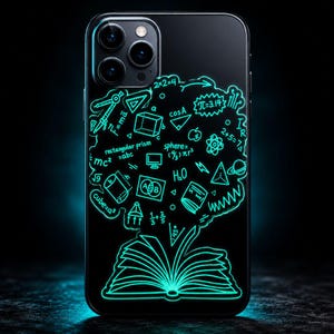 May include: A black smartphone case featuring a glowing cyan illustration of an open book at the bottom. Above the book, a cloud-like shape contains various mathematical formulas, geometric shapes, and scientific symbols in bright cyan lines.