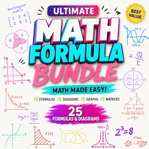 Puede incluir: Un gráfico digital titulado Ultimate Math Formula Bundle con el texto Math Made Easy y 25 Formulas & Diagrams. El diseño presenta varios elementos matemáticos, incluyendo matrices, gráficos trigonométricos, funciones de cálculo y geometría.