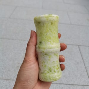Natural Green Serpentine Jade Bamboo Brush Pot Hand Carved Stone Pen Holder Feng Shui Desk Decor