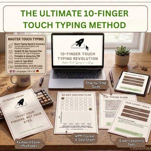 Può includere: Un laptop mostra "10-FINGER TOUCH TYPING REVOLUTION" con un'icona a forma di razzo. L'immagine include una cover per tastiera, un piano di successo di 30 giorni e un tablet con "Your Expert Tools". Il testo recita "Trust Your Fingers, Not Your Eyes."