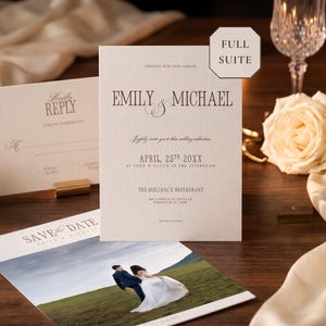 May include: A wedding invitation suite featuring a main card with the text Emily & Michael, April 25th 20XX, and The Elegance Restaurant. Includes a reply card and a Save the Date card with a photograph of a couple in a field. Cream paper with dark text.