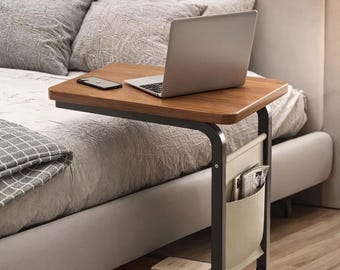 Bedside Table with Wheels, C Shaped Sofa Table, Small Side Table with Storage Pocket, Rolling Nightstand, Compact Space Saving Table for Bed