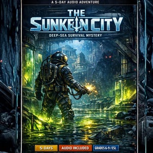 May include: Digital artwork for "The Sunken City: Deep-Sea Survival Mystery." The image shows an astronaut-like figure in a flooded city, with the title in blue and white. Includes "5-Days," "Audio Included," and "Grades 6-9/ESL."