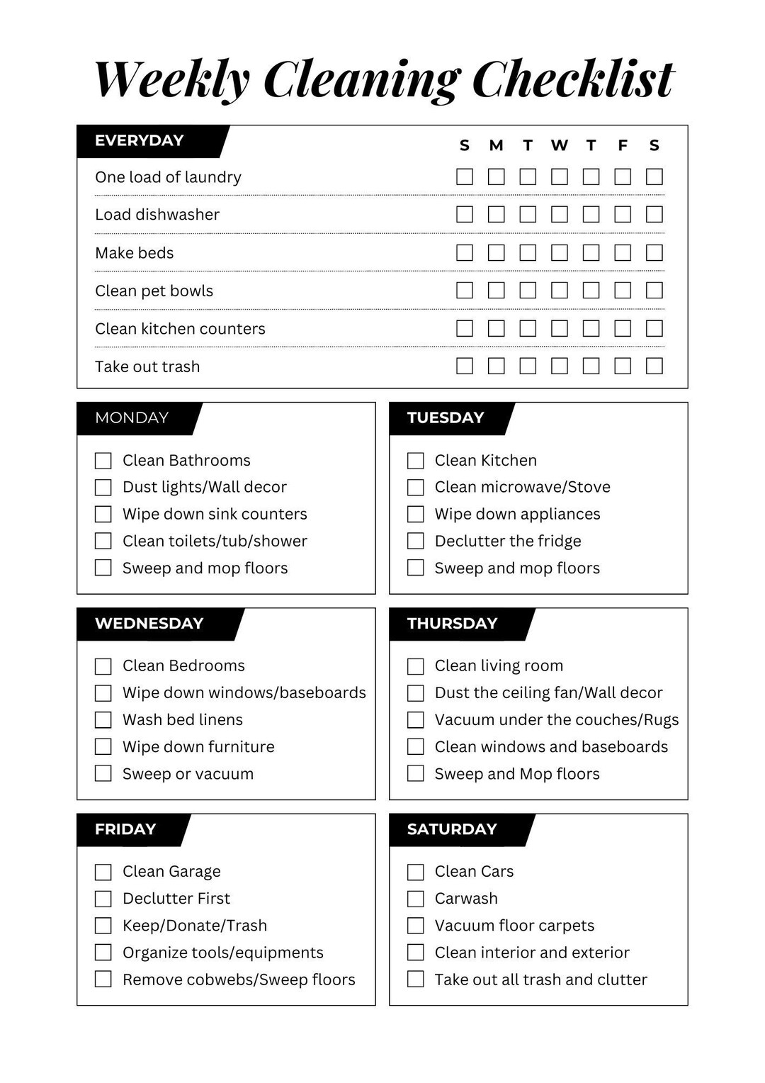 Weekly Cleaning Checklist Printable - Etsy Canada