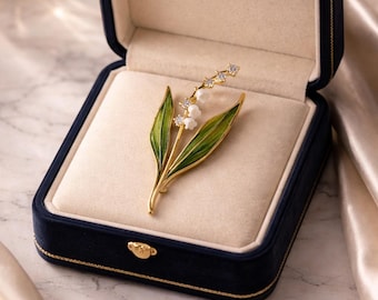 Gouden lelietje-van-dalenbroche, emaille bloemenkristalpin, vintage bloemensieraden