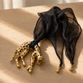Gold Tone Leopard Pendant Scarf Necklace, Black Sheer  Bag Charm Accessory Gift for her product logo