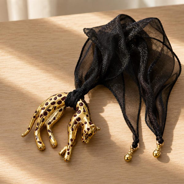 Gold Tone Leopard Pendant Scarf Necklace, Black Sheer  Bag Charm Accessory Gift for her