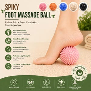 May include: A pink spiky foot massage ball is shown under a foot. The image also displays four other massage balls in orange, blue, white, and black. Text on the image reads "Spiky Foot Massage Ball" and details about pain relief and circulation.