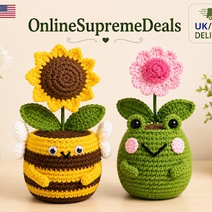May include: Two crochet plushies featuring a yellow and brown striped bee with white wings and a sunflower on top, and a green frog with pink cheeks and a pink flower on top. The text OnlineSupremeDeals is displayed above the items.