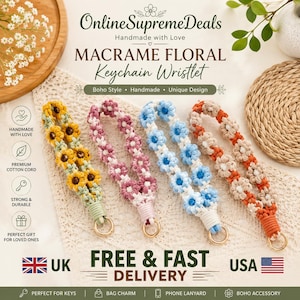 Macrame Floral Keychain Wristlet, Boho Cotton Cord Lanyard, Bag Charm Phone Strap