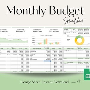 Monthly Budget Spreadsheet for Google Sheets & Microsoft Excel | Transactions Tracker and Bill Calendar