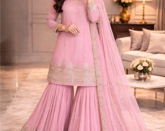 Premium Pink Heavy Sequence Work Kurta Sharara Dupatta 3 PC, Wedding Sharara, Indian Wedding Party Wear, Pakistani Salwar Kameez