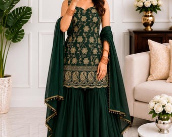 Conjunto de diseñador verde para bodas, salwar kameez bordado con lentejuelas y dupatta, traje de mehendi, sharara de boda, ropa étnica.