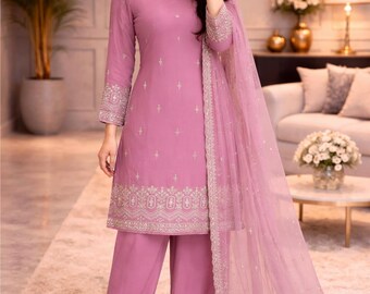 Conjunto pakistaní rosa de kurta palazzo recto con bordado pesado y dupatta, 3 piezas, ideal para fiestas. Conjunto de kurta palazzo confeccionado. Salwar kameez de diseñador.