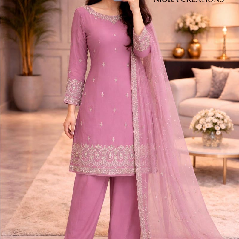 Women's Black Velvet Kurta with Pant and Pink Sunset Dupatta with Lace 3 Piece Set | Straight Fit, Round Neck, Full Sleeves, Pants, Festive Wear, (Velvet) main image 0