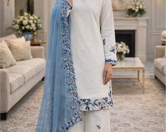 Conjunto de salwar kameez blanco de diseñador indio con dupatta, piezas listas para usar, kurta palazzo, traje pakistaní, vestido de novia punjabi, shalwar blanco