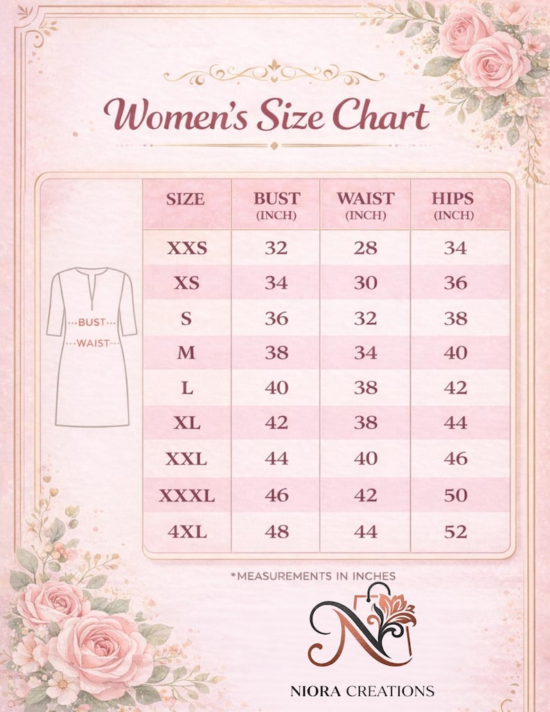 Puede incluir: Una tabla de tallas para mujeres con medidas de busto, cintura y cadera en pulgadas. Las tallas van de XXS a 4XL, con medidas de busto de 81 a 122 cm. La tabla incluye una ilustraci&oacute;n de vestido y el logo "Niora Creations".