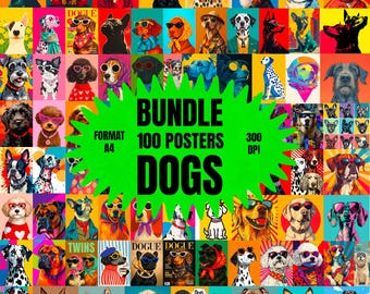 100 Pop Art Dog Posters | Colorful & Funny Dog Wall Art Set | High-Quality A4 Size 300 DPI