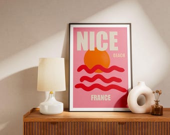 Nizza-Reiseposter – Retro-Strandbild – Minimalistischer rosa Druck der französischen Riviera – Moderne Sommerurlaubsdeko – Abstrakter Sonnenuntergang