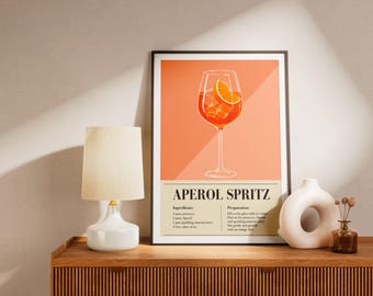 Perol Spritz – Minimalistischer Kunstdruck – Retro-Cocktailrezept-Poster – Küchendekoration im Mid-Century-Modern-Stil – Vintage-Getränke-Wandbild mit Orangengeschmack