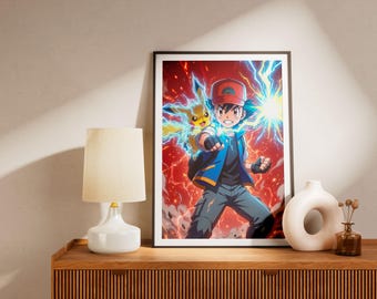 Pikachu & Ash Ketchum Dynamic Duo Print | Electric Type Pokémon Art | Trainer Battle Decor