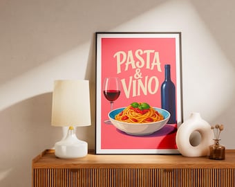 Retro-Kunstdruck „Pasta und Wein“ – Italienische Küchenwanddeko – Illustration von rosa Spaghetti – Geschenkposter für Weinliebhaber – Moderne Esszimmerwand