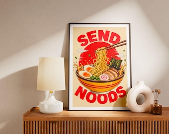 Lustiges „Send Noods“-Poster – Japanischer Ramen-Kunstdruck – Retro-Wanddeko für Feinschmecker – Nudelillustration im Vintage-Stil – Ausgefallene Küchenkunst