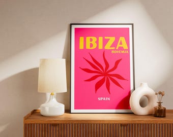 Ibiza Bohemia Poster - Vibrant Pink Spain Travel Print - Retro Tropical Wall Art - Modern Abstract Floral Decor - Islands Travel Gift
