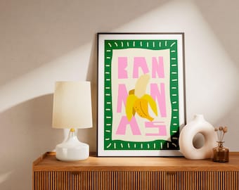 Pop-Art-Bananenposter „BANANEN“ – Rosa-grünes Fruchtposter – Moderne Küchenwanddekoration – Verspielte und farbenfrohe Illustration