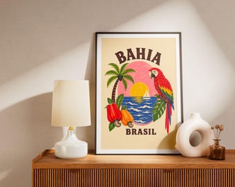 Vintage-Reiseposter Bahia, Brasilien – Kunstdruck mit tropischem Ara – Retro-Wanddeko für brasilianischen Strand – Illustration aus dem exotischen Dschungel