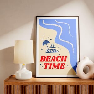 Affiche Bord de Mer 'BEACH TIME' - Poster Plage Rétro Minimaliste - Décoration Murale Été Bleue et Sable - Illustration Vacances Vintage