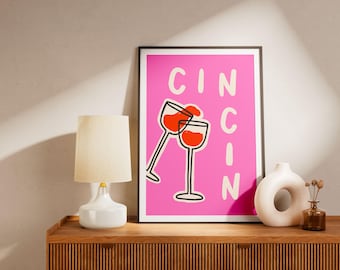 "Cin Cin" Poster - Wine Glasses - Festive, Pop, and Colorful Illustration