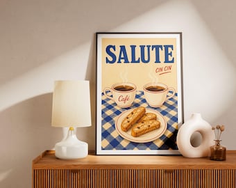 Salute Coffee Kunstdruck – Italienisches Café-Poster – Retro-Küchenwanddeko – Espresso- und Cantucci-Illustration – Vintage-Blau-Deko